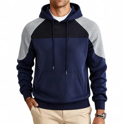 Men'S Fashion Casual Autumn And Winter Stitching Contrast Color Texture Pattern Velvet Loose Hoodies