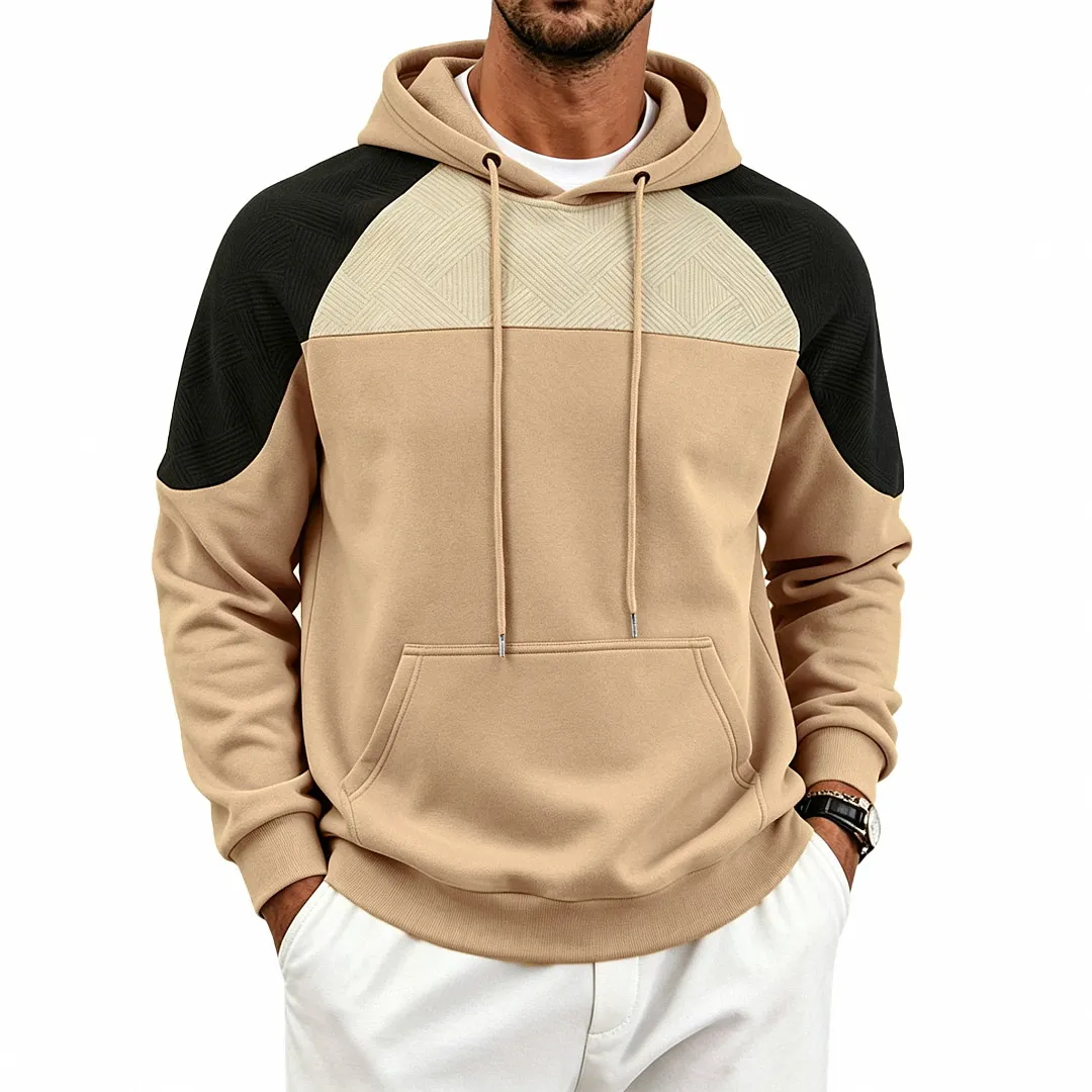 Men'S Fashion Casual Autumn And Winter Stitching Contrast Color Texture Pattern Velvet Loose Hoodies