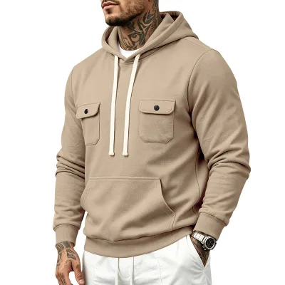 Men'S Fashion Casual Autumn And Winter Solid Color Thickened Fleece-Lined Warm Multi-Pocket Loose Hoodies