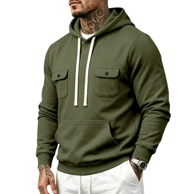 Men'S Fashion Casual Autumn And Winter Solid Color Thickened Fleece-Lined Warm Multi-Pocket Loose Hoodies