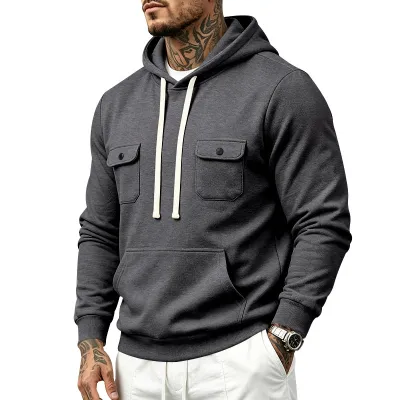 Men'S Fashion Casual Autumn And Winter Solid Color Thickened Fleece-Lined Warm Multi-Pocket Loose Hoodies