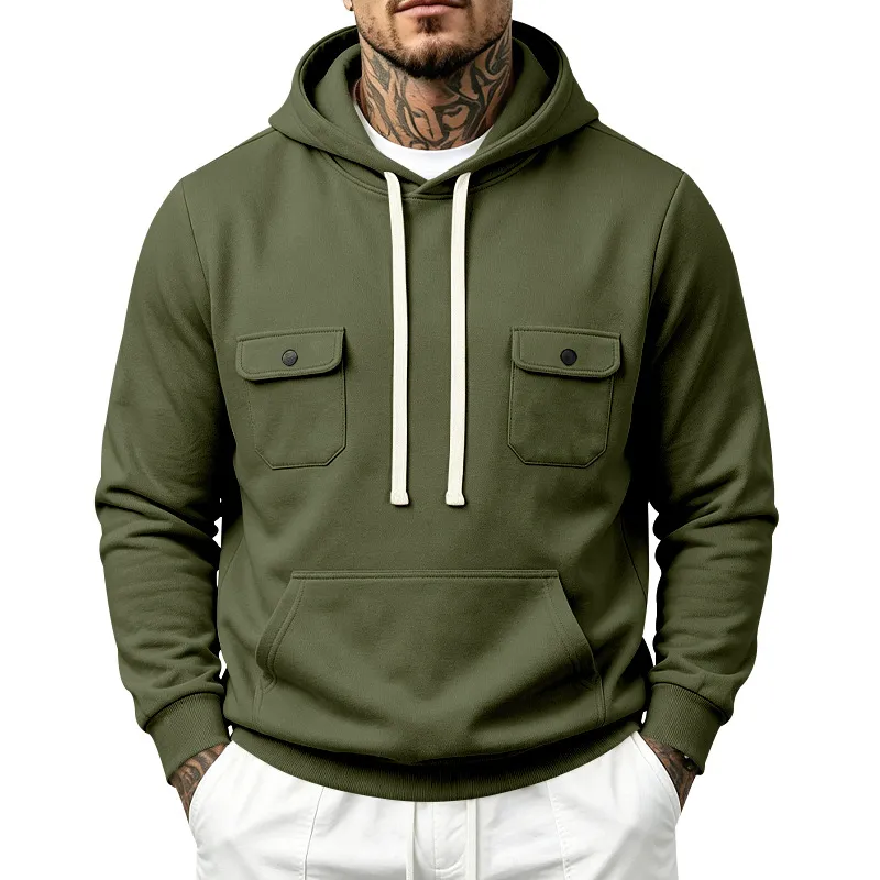 Men'S Fashion Casual Autumn And Winter Solid Color Thickened Fleece-Lined Warm Multi-Pocket Loose Hoodies