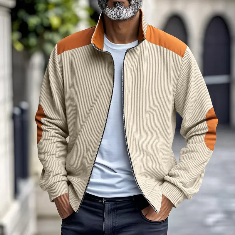 Men'S Fashion Casual Autumn And Winter Stitching Cotton Velvet Collar Zipper Long-Sleeve Coat