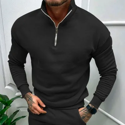 Men'S Fashion Casual Autumn And Winter Solid Color Fleece-Lined Half Zipper Long-Sleeve Sweatshirt