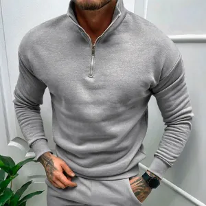 Men'S Fashion Casual Autumn And Winter Solid Color Fleece-Lined Half Zipper Long-Sleeve Sweatshirt