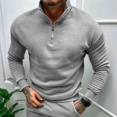Men'S Fashion Casual Autumn And Winter Solid Color Fleece-Lined Half Zipper Long-Sleeve Sweatshirt