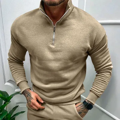 Men'S Fashion Casual Autumn And Winter Solid Color Fleece-Lined Half Zipper Long-Sleeve Sweatshirt