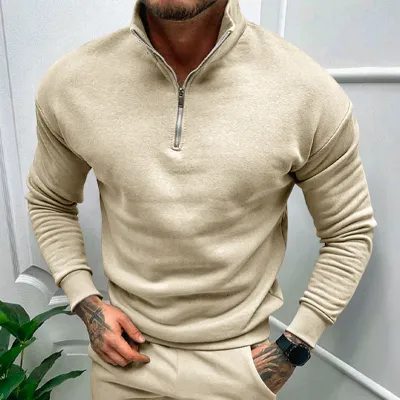Men'S Fashion Casual Autumn And Winter Solid Color Fleece-Lined Half Zipper Long-Sleeve Sweatshirt