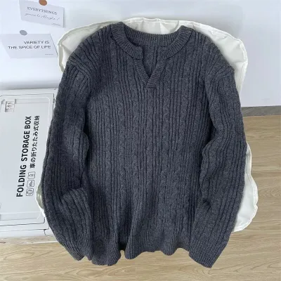 Men'S Fashion Casual Spring And Autumn Solid Color Twist Round Neck Loose Sweater