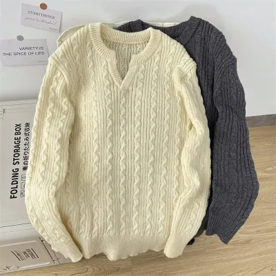 Men'S Fashion Casual Spring And Autumn Solid Color Twist Round Neck Loose Sweater