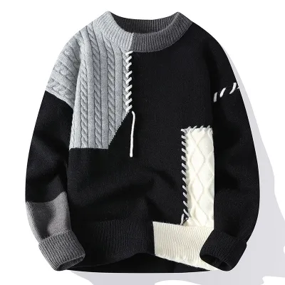 Men Fashion Casual Autumn And Winter Stitching Round Neck Long-Sleeve Loose Sweater