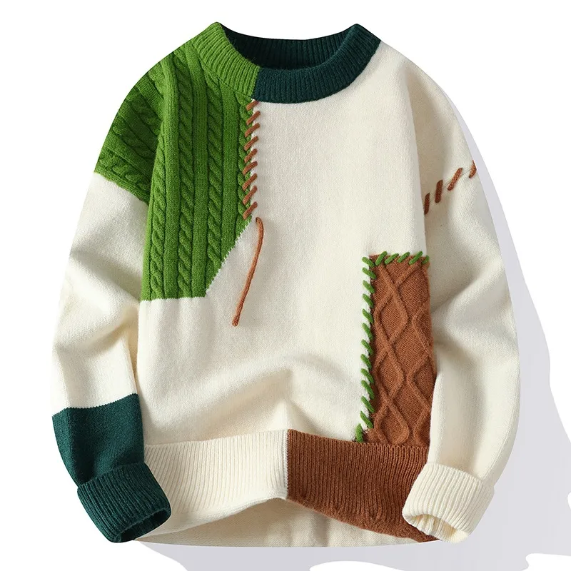 Men Fashion Casual Autumn And Winter Stitching Round Neck Long-Sleeve Loose Sweater