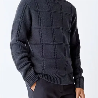 Men'S Fashion Casual Autumn Winter Solid Color Round Neck Plaid Jacquard Loose Knitted Sweater