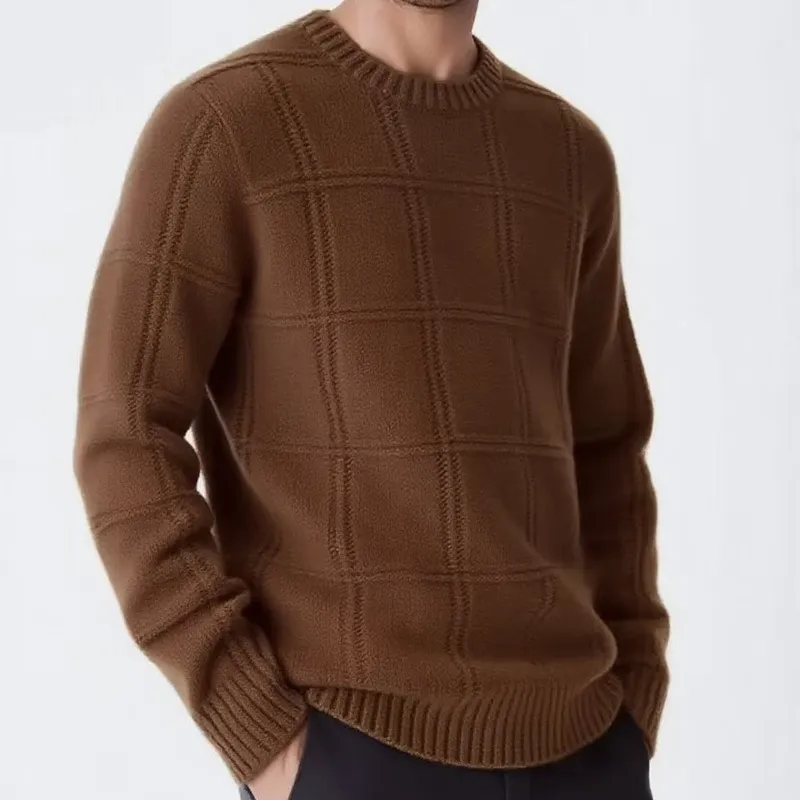 Men'S Fashion Casual Autumn Winter Solid Color Round Neck Plaid Jacquard Loose Knitted Sweater