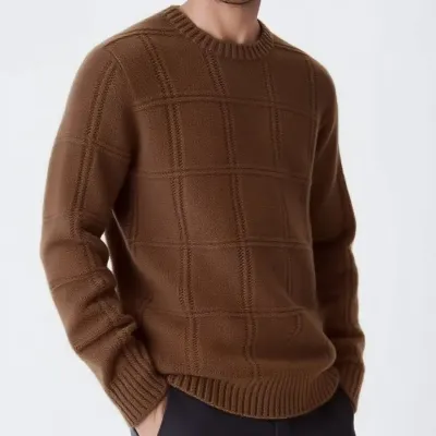 Pull homme décontracté automne-hiver, couleur unie, col rond, à carreaux jacquard, maille ample.