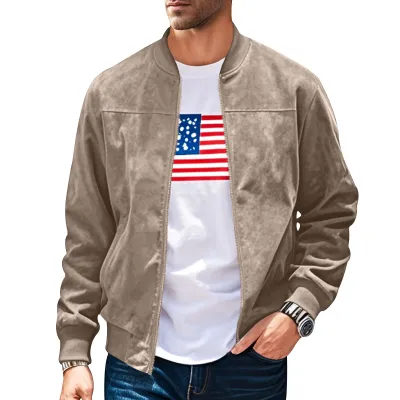 Men'S Fashion Casual Spring And Autumn Solid Color Suede Thin Collar Zipper Long-Sleeve Coat