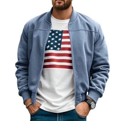 Men'S Fashion Casual Spring And Autumn Solid Color Suede Thin Collar Zipper Long-Sleeve Coat