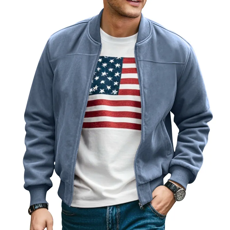 Men'S Fashion Casual Spring And Autumn Solid Color Suede Thin Collar Zipper Long-Sleeve Coat