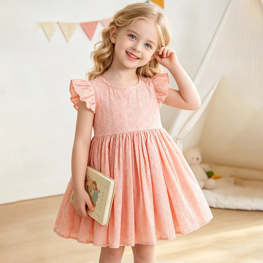 Kids Girls Fashion Casual Summer Solid Color Breathable Flutter Sleeve Loose Dress