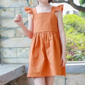 Kids Girls Fashion Casual Summer Solid Color Bow Flying Sleeve Dress
