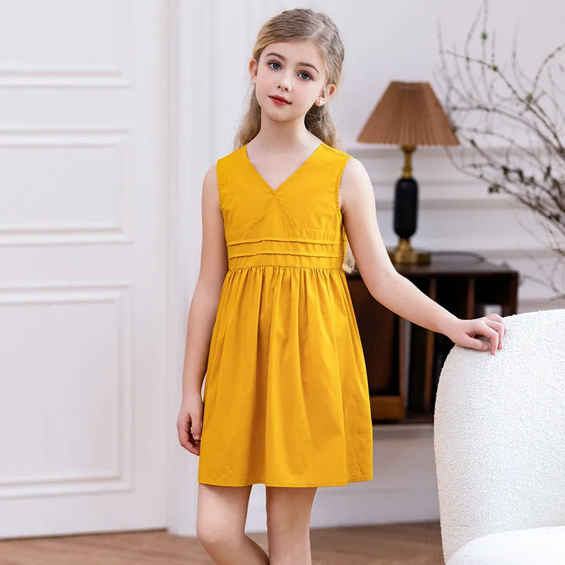 Kids Girls Fashion Casual Summer Solid Color V-Neck Side Buckle Loose Dress