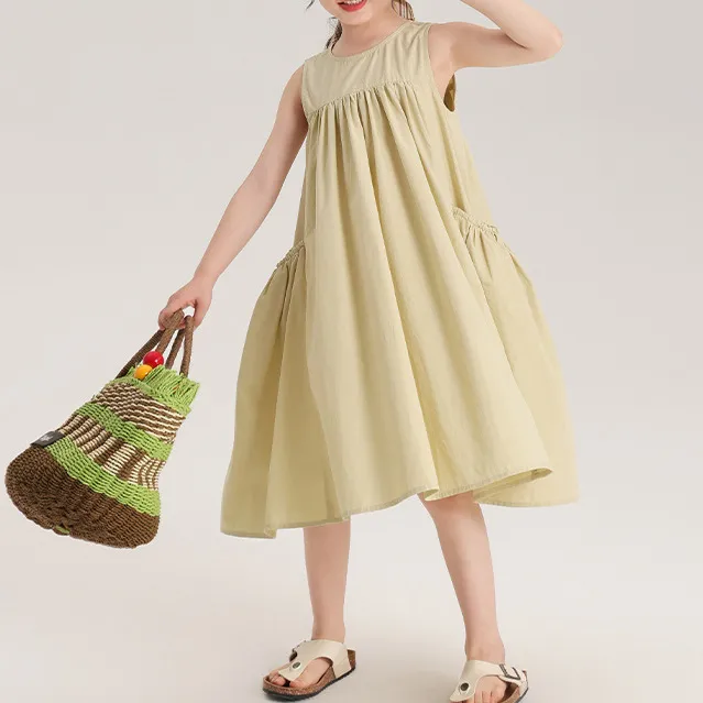 Kids Girls Fashion Casual Summer Solid Color Sleeveless Loose Dress