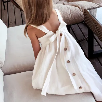 Kids Girl'S Fashion Solid Color Cotton And Linen Sleeveless Backless Bow Dress
