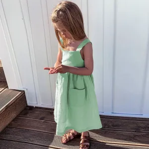 Kids Girl'S Fashion Solid Color Cotton And Linen Sleeveless Backless Bow Dress
