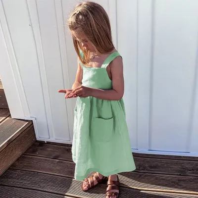 Kids Girl'S Fashion Solid Color Cotton And Linen Sleeveless Backless Bow Dress