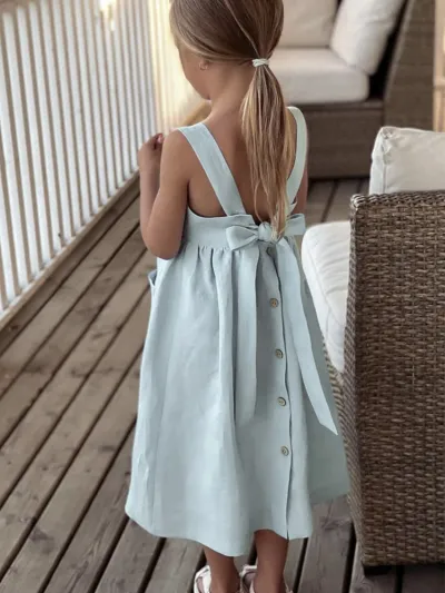 Kids Girl'S Fashion Solid Color Cotton And Linen Sleeveless Backless Bow Dress