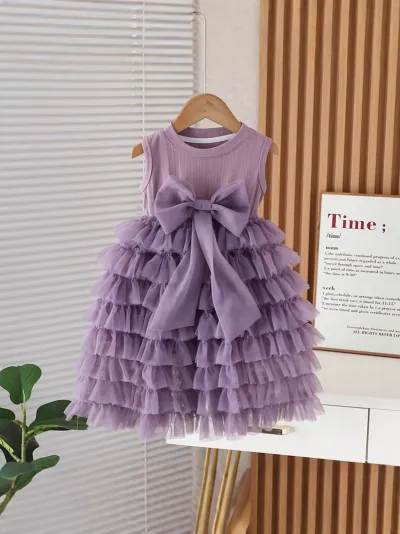 Kids Girls Fashion Solid Color Sleeveless Mesh Cake Bow Dress