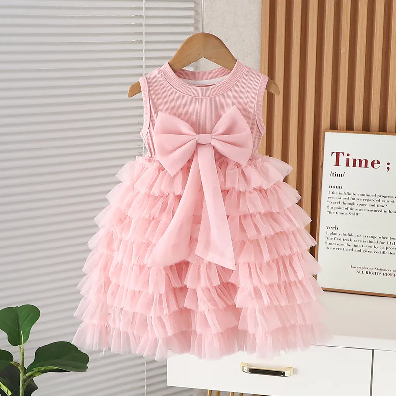 Kids Girls Fashion Solid Color Sleeveless Mesh Cake Bow Dress