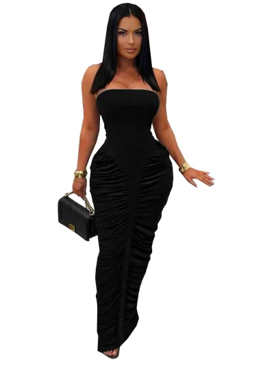 Women Fashion Sexy Solid Color Pleated Tube Top Slim Fit Dress