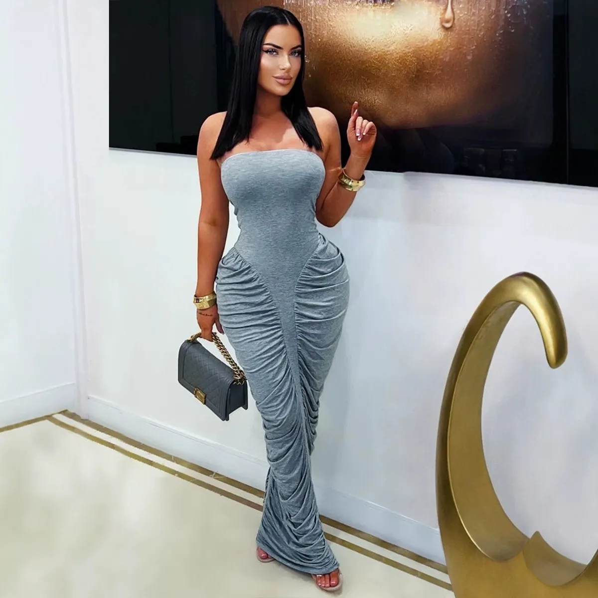 Women Fashion Sexy Solid Color Pleated Tube Top Slim Fit Dress