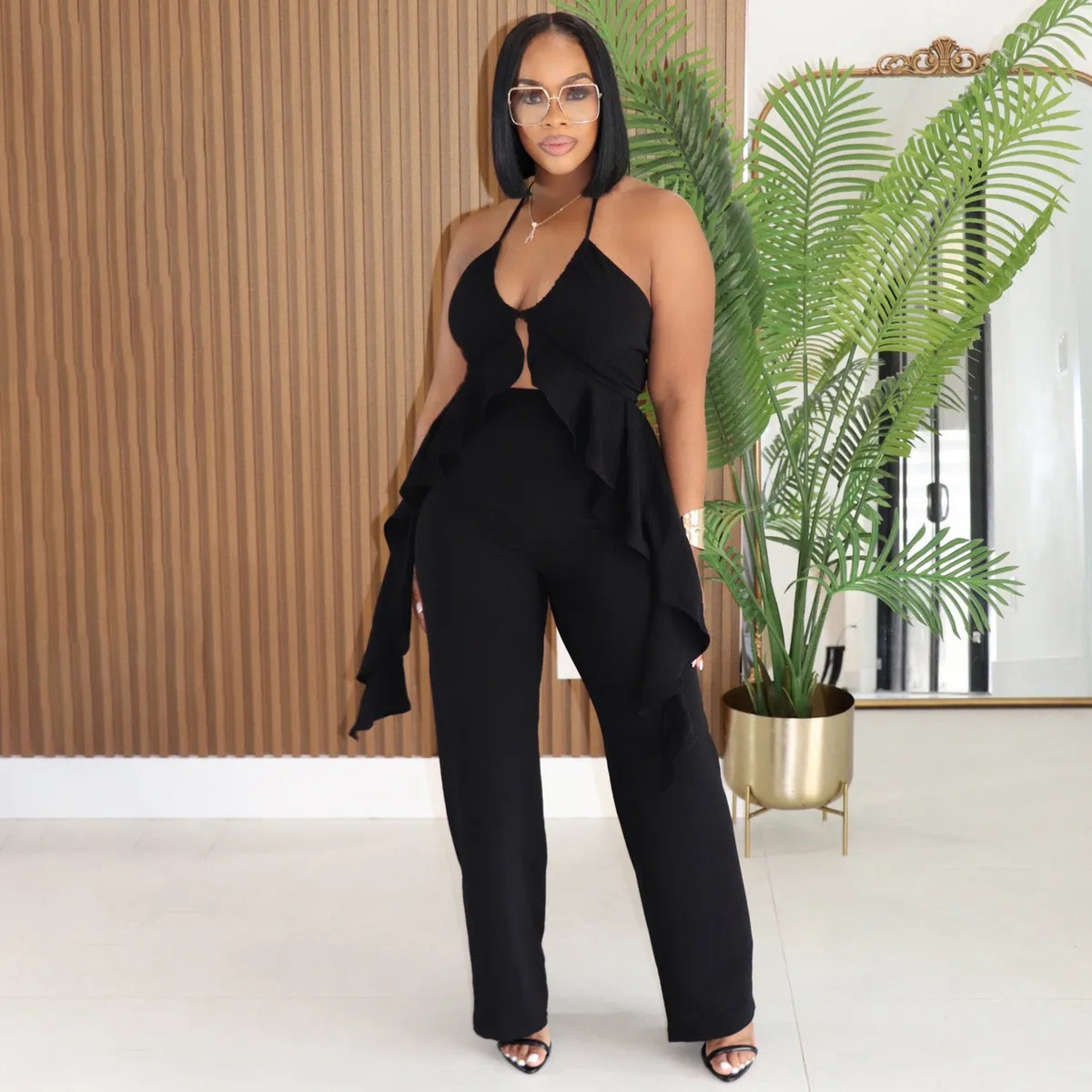 Women Fashion Sexy Solid Color Irregular Halter-Neck Crop Top Pants Two-Piece Set