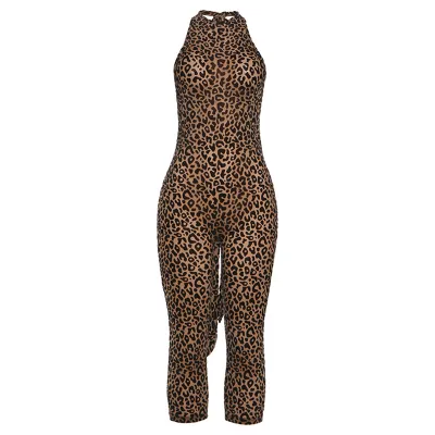 Women Fashion Sexy Leopard Printed Halter-Neck Sleeveless Backless Tight Jumpsuit