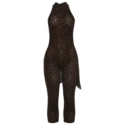 Women Fashion Sexy Leopard Printed Halter-Neck Sleeveless Backless Tight Jumpsuit