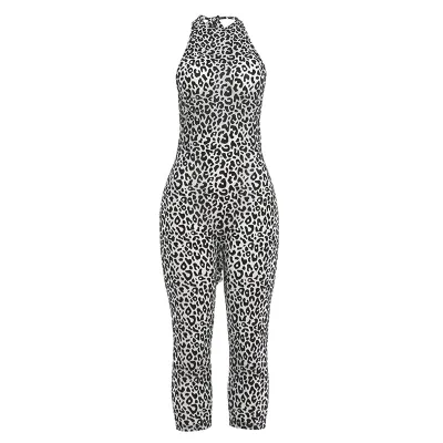 Women Fashion Sexy Leopard Printed Halter-Neck Sleeveless Backless Tight Jumpsuit