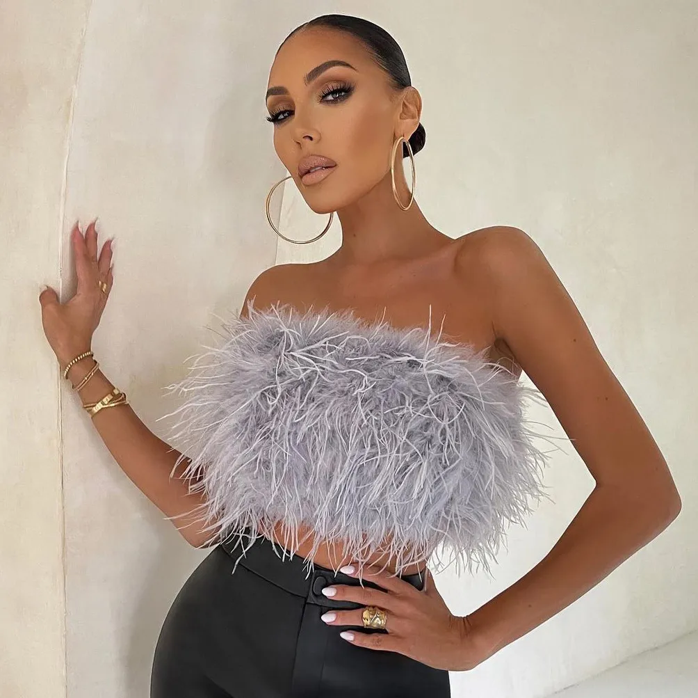 Women Fashion Sexy Spring And Summer Solid Color Fluffy Tube Top