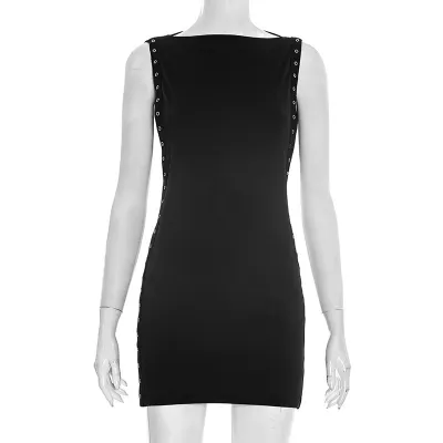 Women Fashion Sexy Summer Solid Color Round Neck Sleeveless Hollow Dress