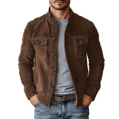 Men'S Fashion Casual Autumn Casual Solid Color Imitation Suede Long-Sleeve Coat