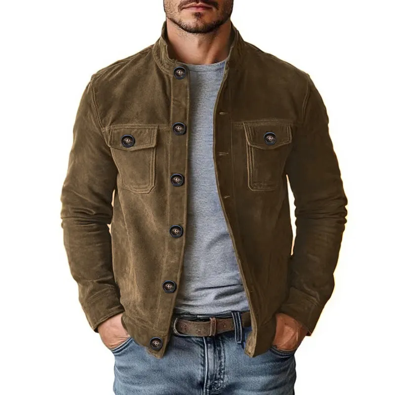 Men'S Fashion Casual Autumn Casual Solid Color Imitation Suede Long-Sleeve Coat