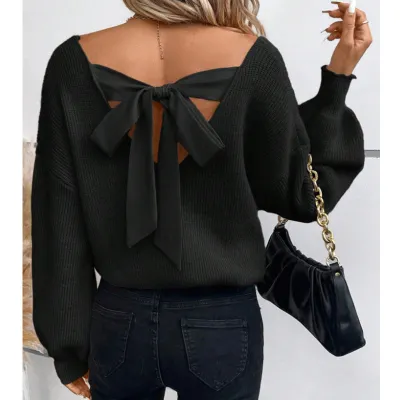 Autumn And Winter Women V-Neck Solid Color Backless Bow Knitted Sweater