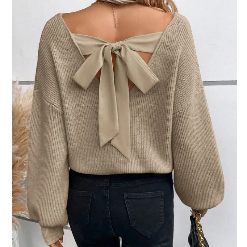 Autumn And Winter Women V-Neck Solid Color Backless Bow Knitted Sweater