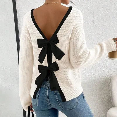 Autumn And Winter Women Fashion Back Bow Knitted Sweater