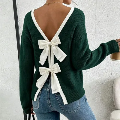 Autumn And Winter Women Fashion Back Bow Knitted Sweater