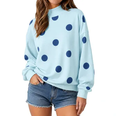Autumn Women Casual Polo Dot Print Loose Sweatshirt