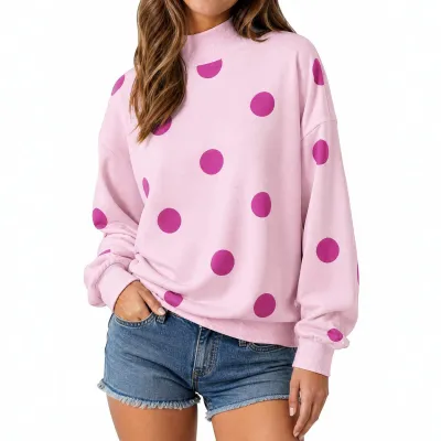Autumn Women Casual Polo Dot Print Loose Sweatshirt