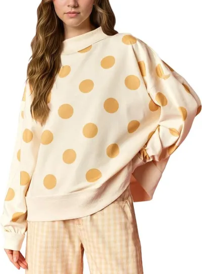 Autumn Women Casual Polo Dot Print Loose Sweatshirt