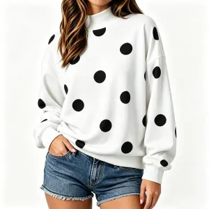 Autumn Women Casual Polo Dot Print Loose Sweatshirt